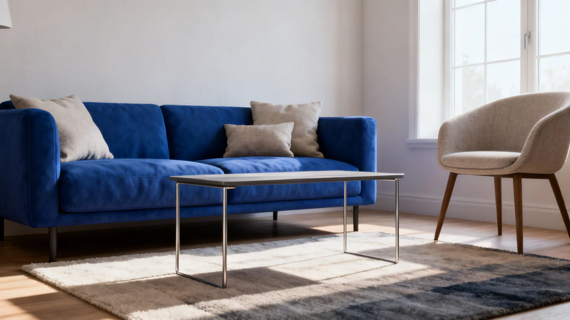 Living room interior design with blue sofa beige chair coffee table rug and large bright window