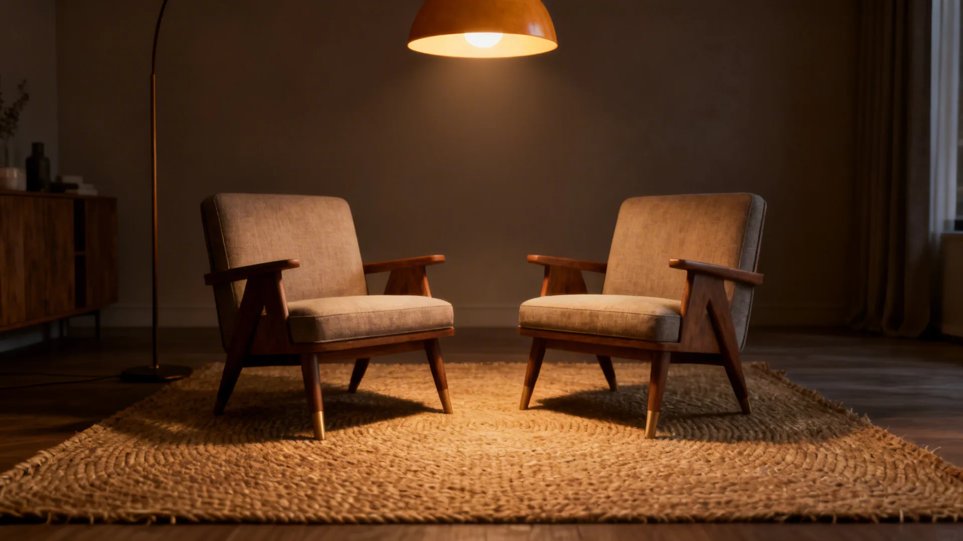 Two accent chairs placed on a jute rug under a warm floor lamp, creating an anchored seating area