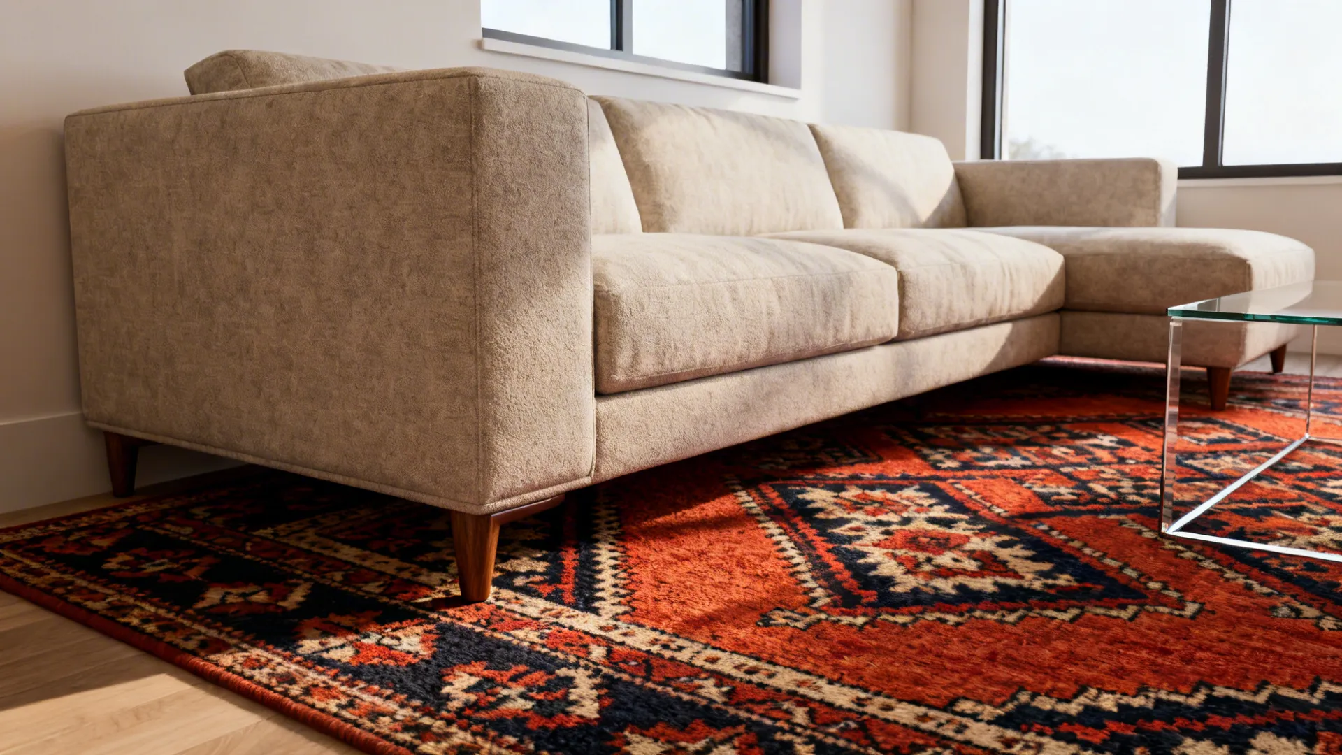 Large sectional sofa with front legs on a bold rug, pushed flush to the window to open circulation.