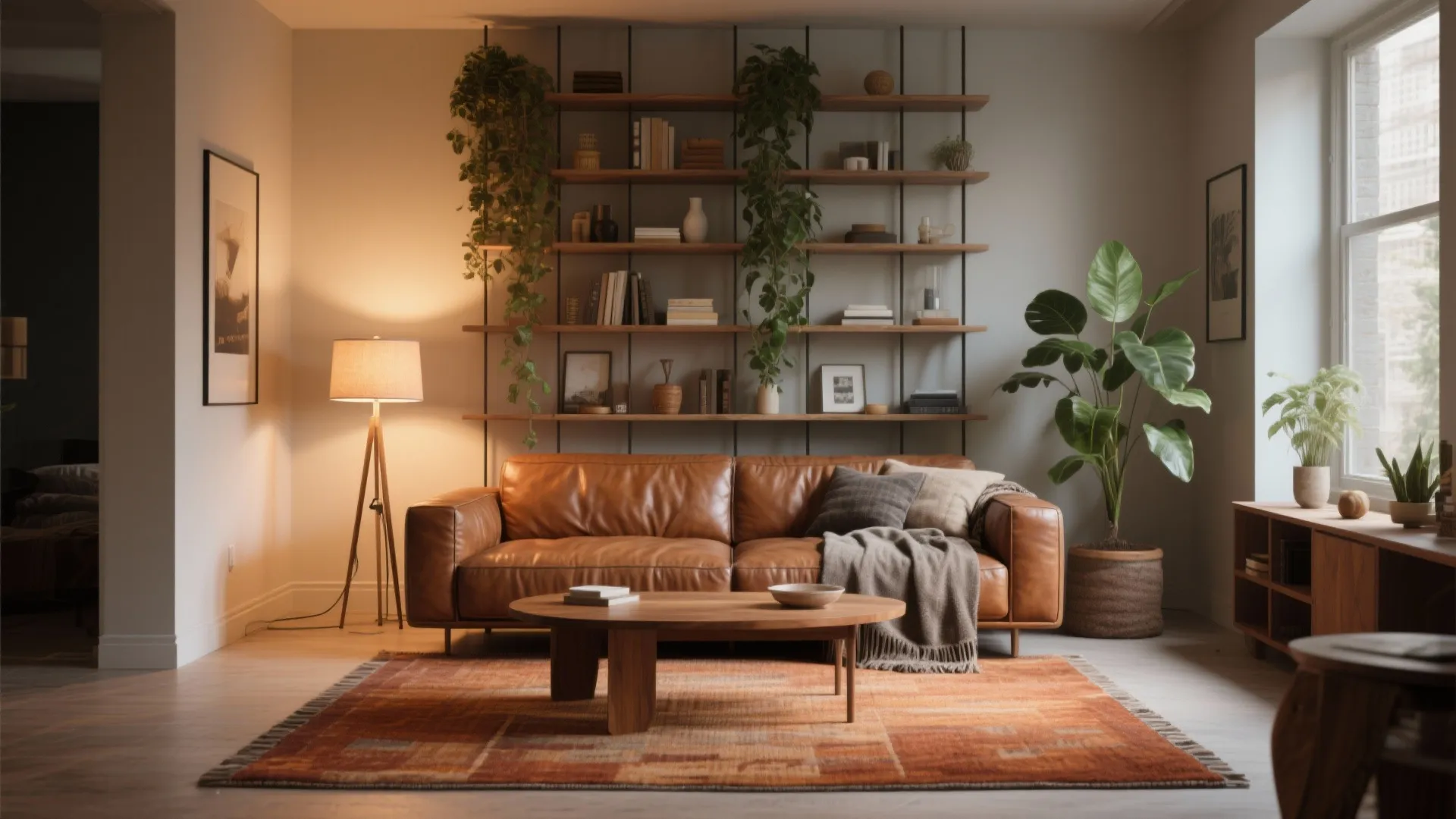 5. Anchor with rugs, vertical storage, and warm accents