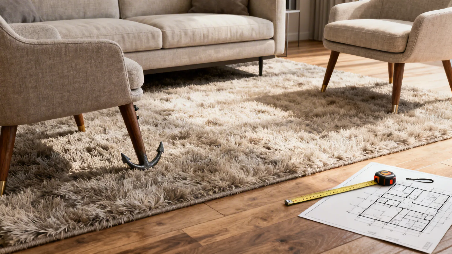 Rug with sofa and chairs showing front legs on rug and a measuring tape for placement