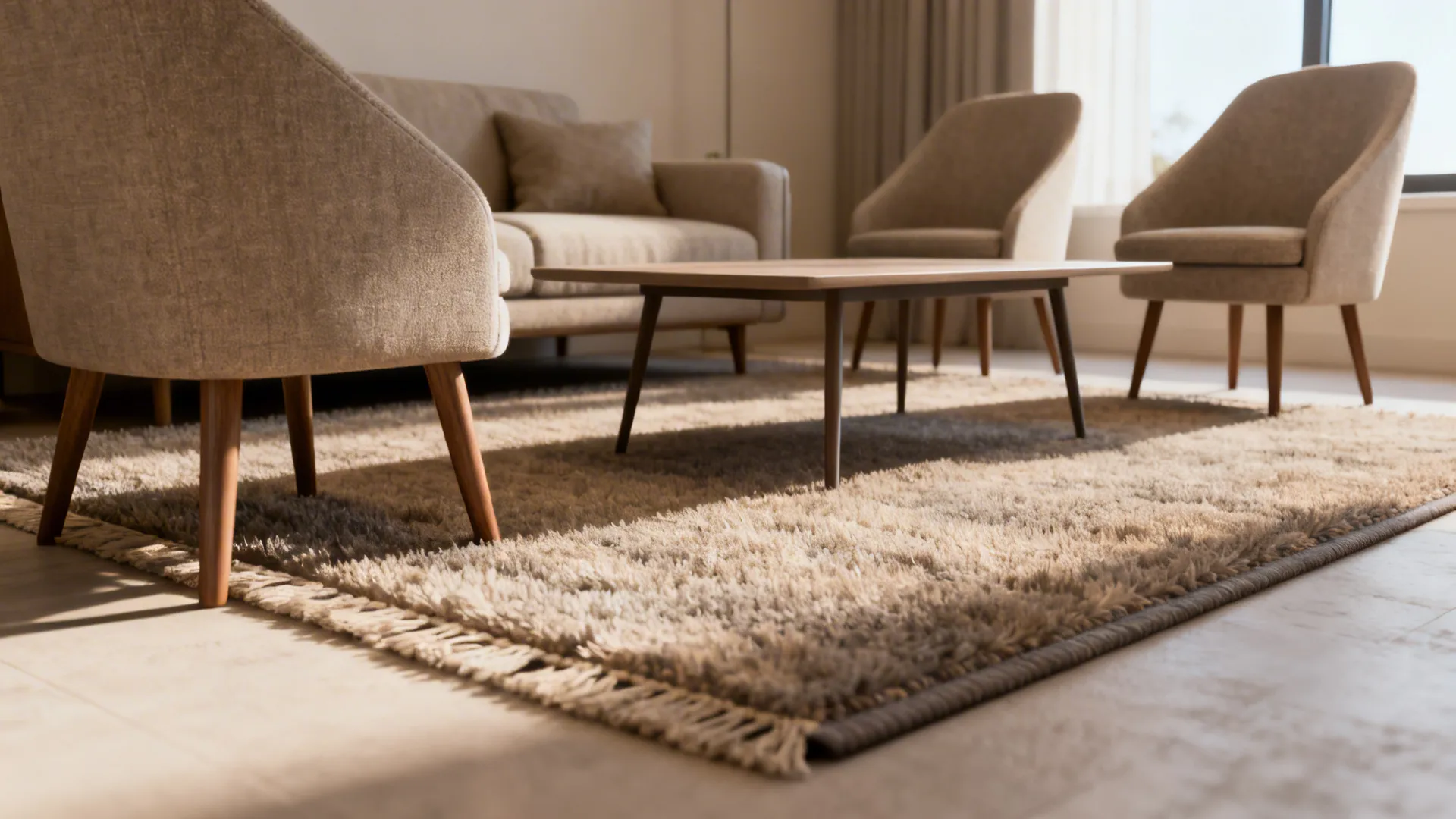 Seating group with sofa and two chairs with front legs placed on a 6 x 9 rug to create a cohesive conversation area.
