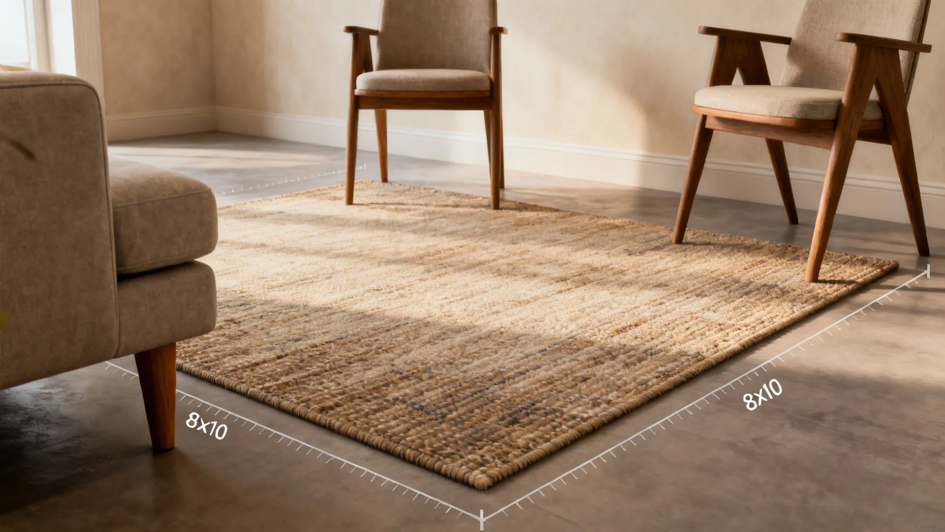 Seating area with sofa and chairs’ front legs on an 8x10 rug with visible floor margins