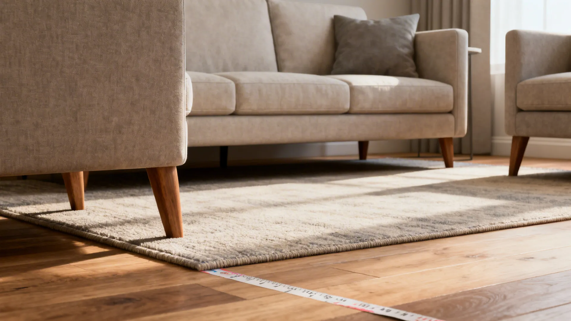 Seating group in a 10x12 room with an 8x10 rug and sofa front legs on the rug.