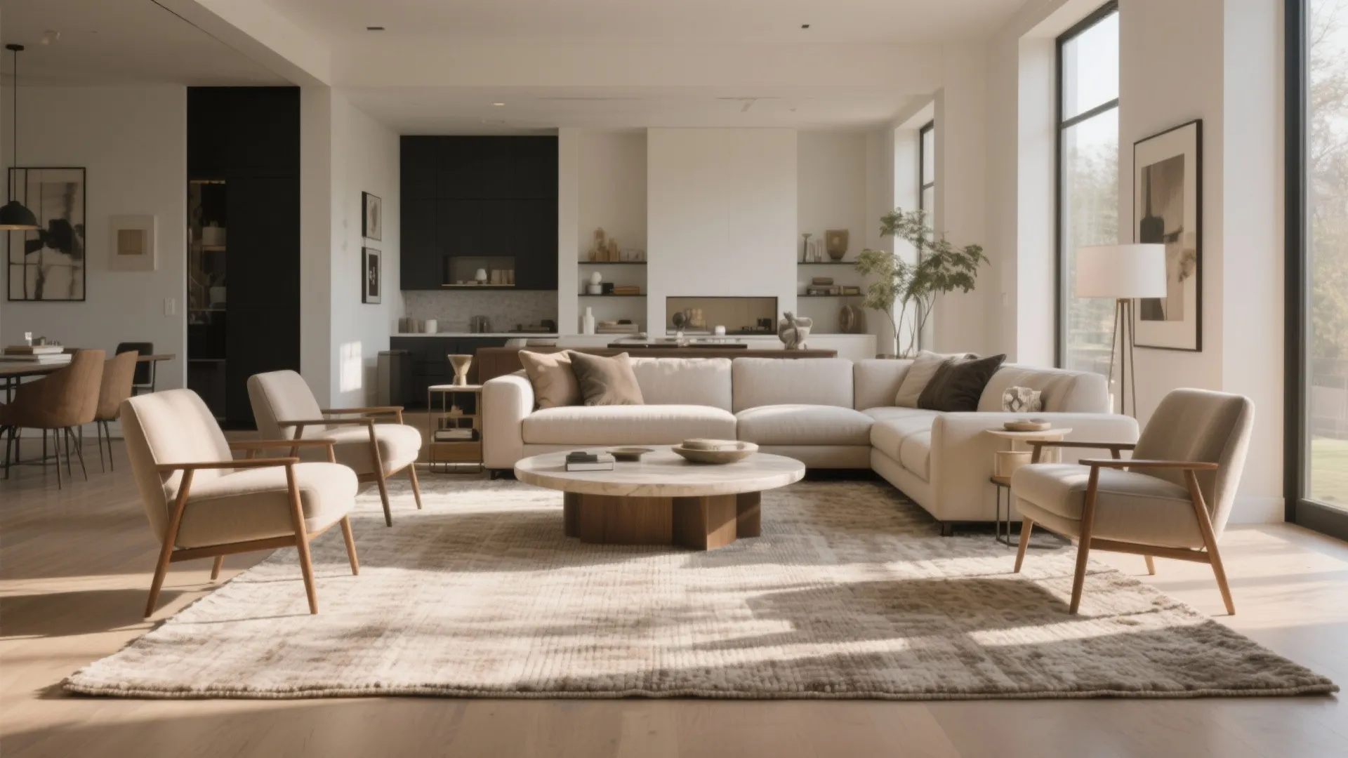 Modern open plan living room with white sofa round marble coffee table rug and windows