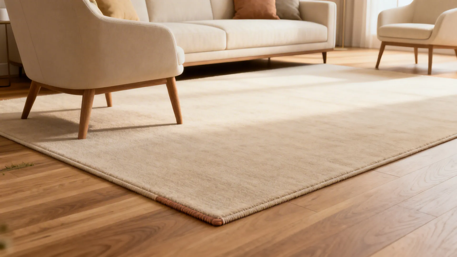 Seating cluster with an 8x10 rug showing sofa and chair front legs on the rug and clear pathways around it.