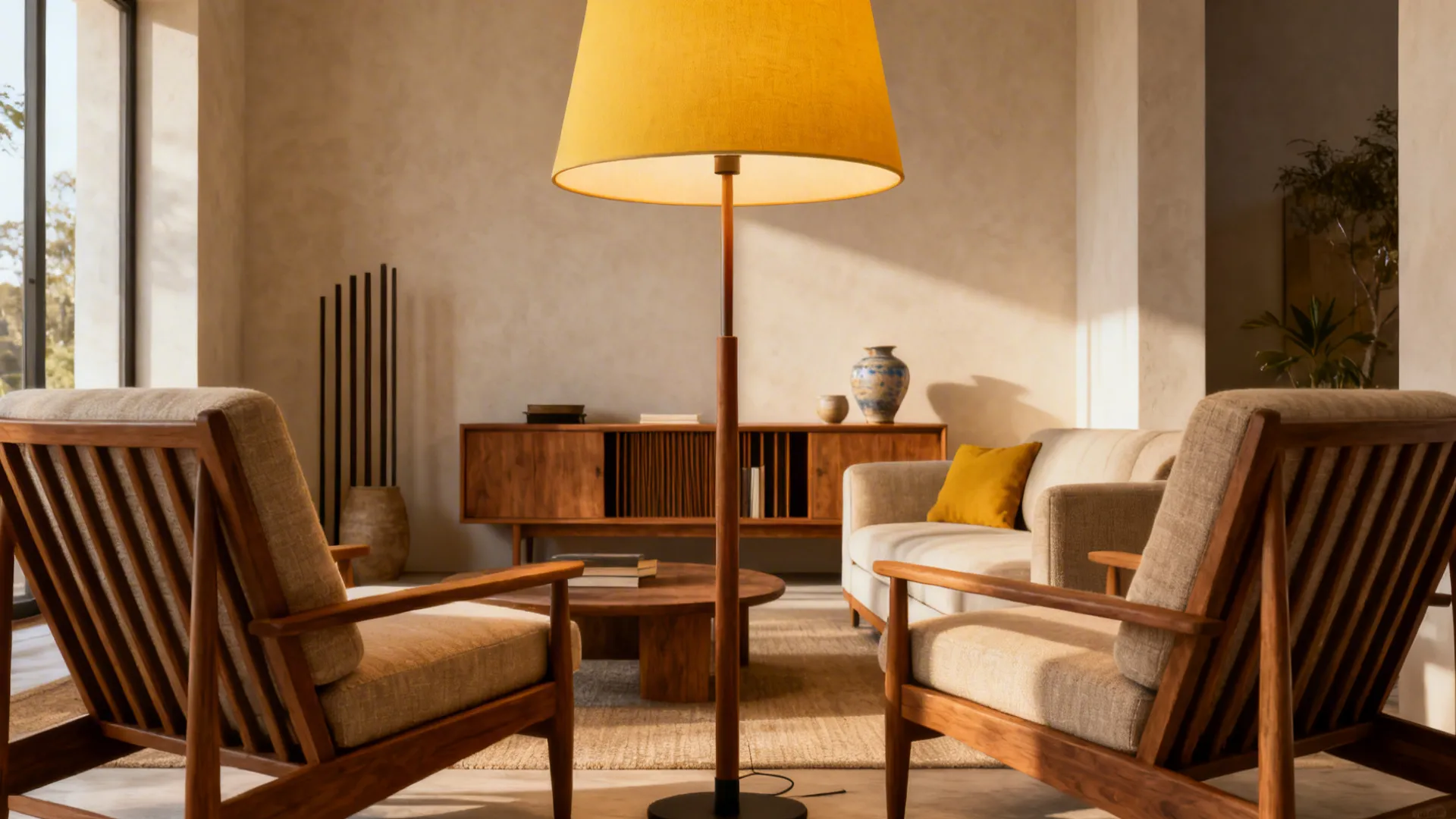 A large table lamp on a console behind a sofa defines a cozy seating cluster.