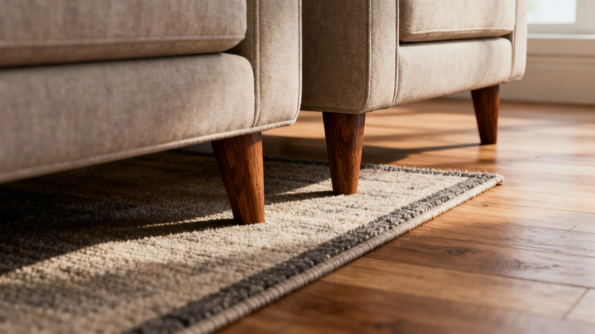 Sofa wooden legs resting on a soft rug over a brown wood floor with sunlight