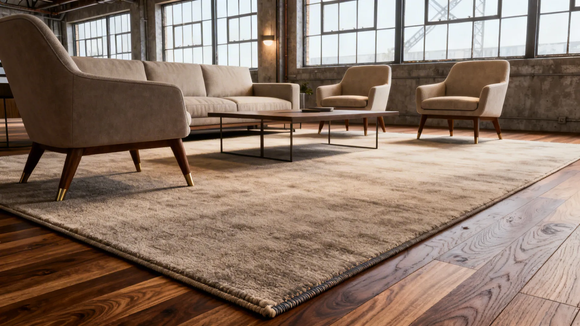 Loft living area with a large rug unifying sofa and chairs, showing front legs on the rug and a clear floor reveal.