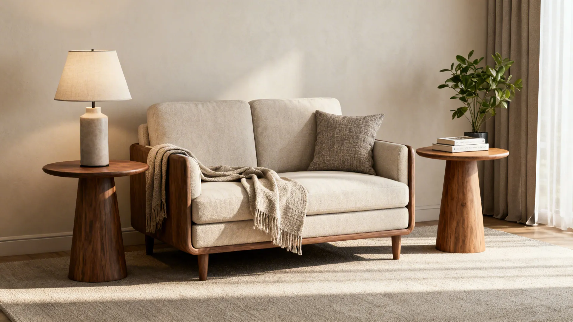 Two end tables of slightly different finishes flanking a small loveseat with lamp and plant accents.