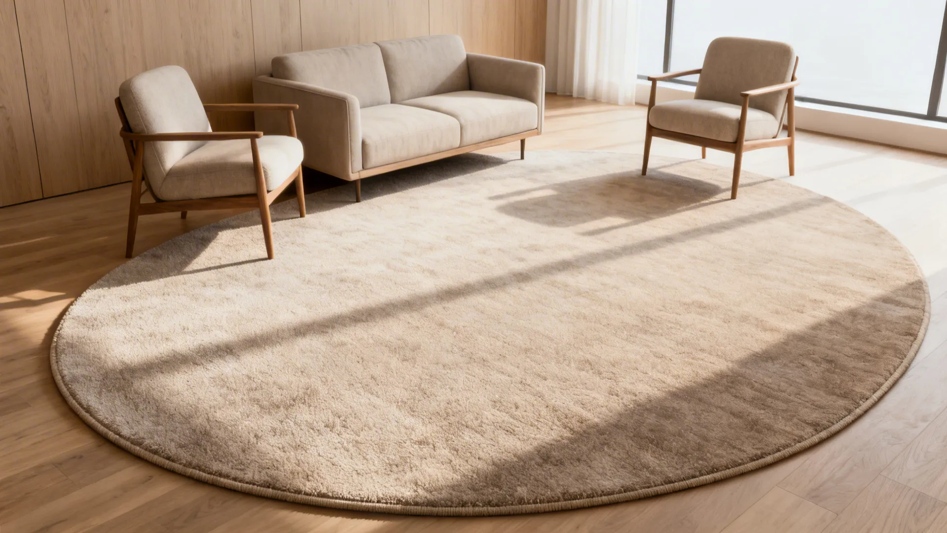 Compact sofa and two chairs visually bound by a large oval rug in a narrow living room