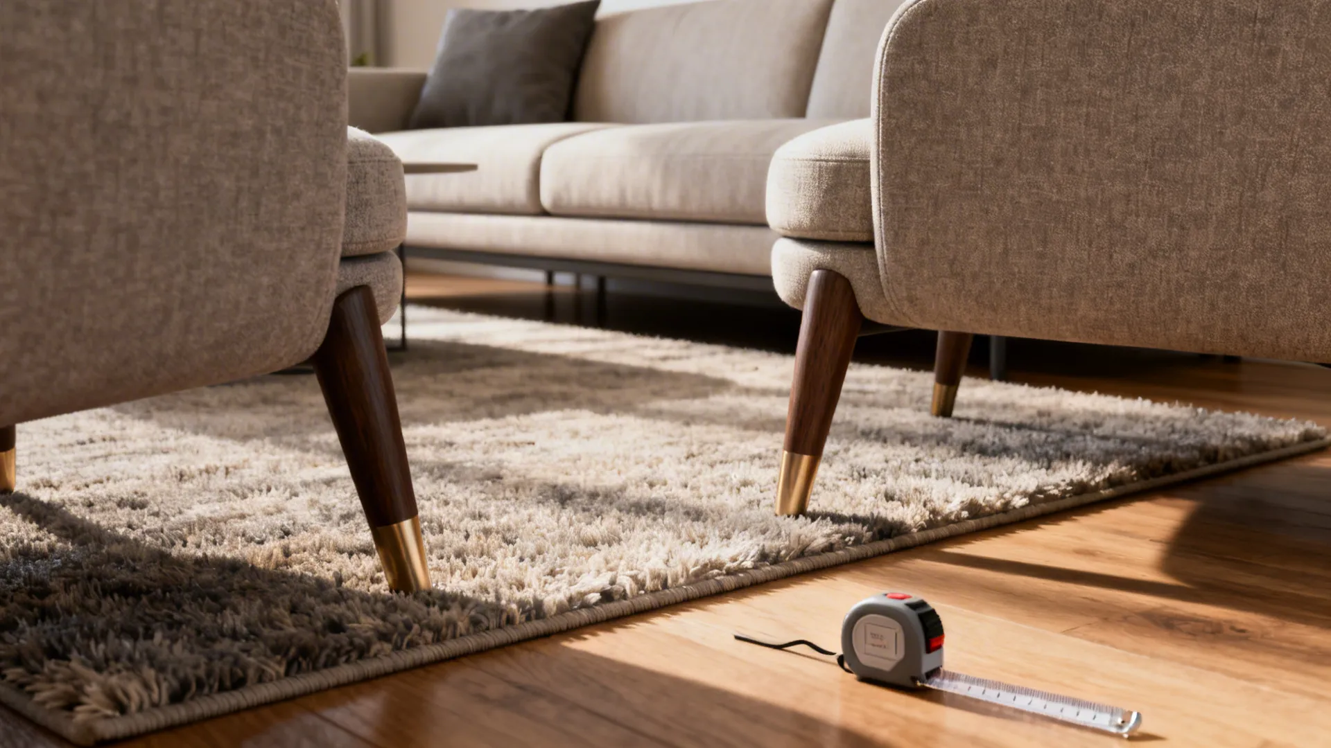 Seating area with sofa and armchairs having front legs on the rug, tape measure on floor.
