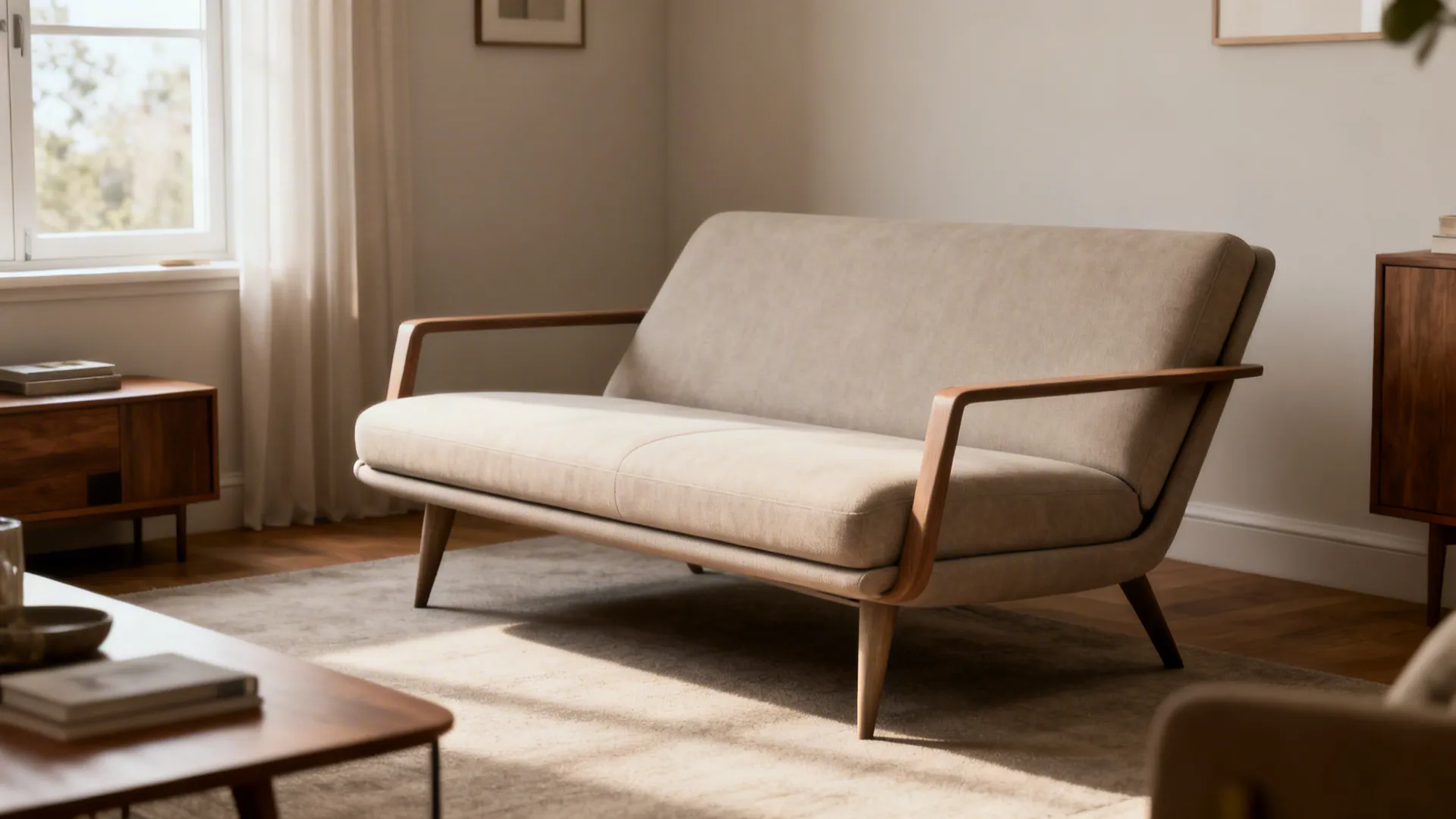 Streamlined reclining sofa with narrow arms and visible legs anchoring a small living room