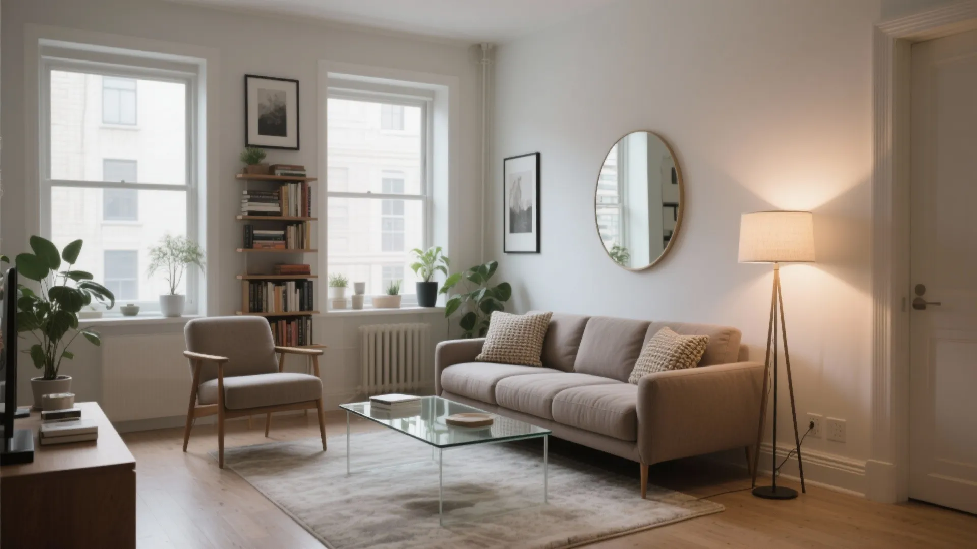 Modern bright living room with beige sofa armchair glass coffee table floor lamp and large windows
