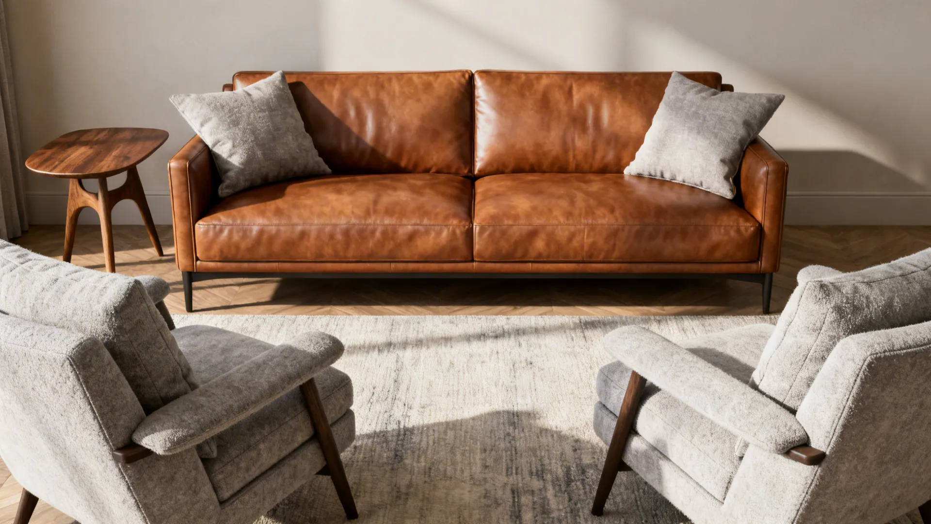 Cognac leather sofa anchored with two light-gray fabric armchairs in a small living room