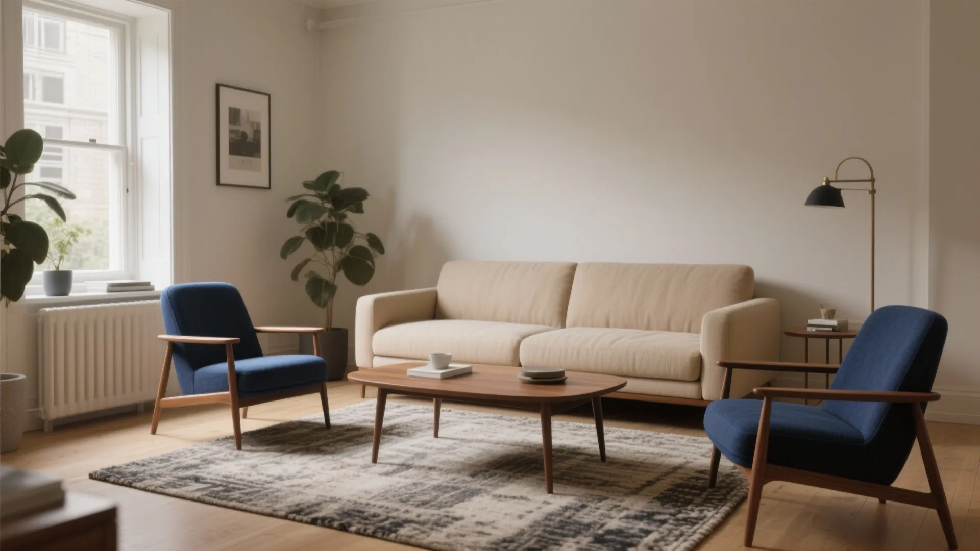 1. Anchor a neutral sofa with a pair of navy blue chairs