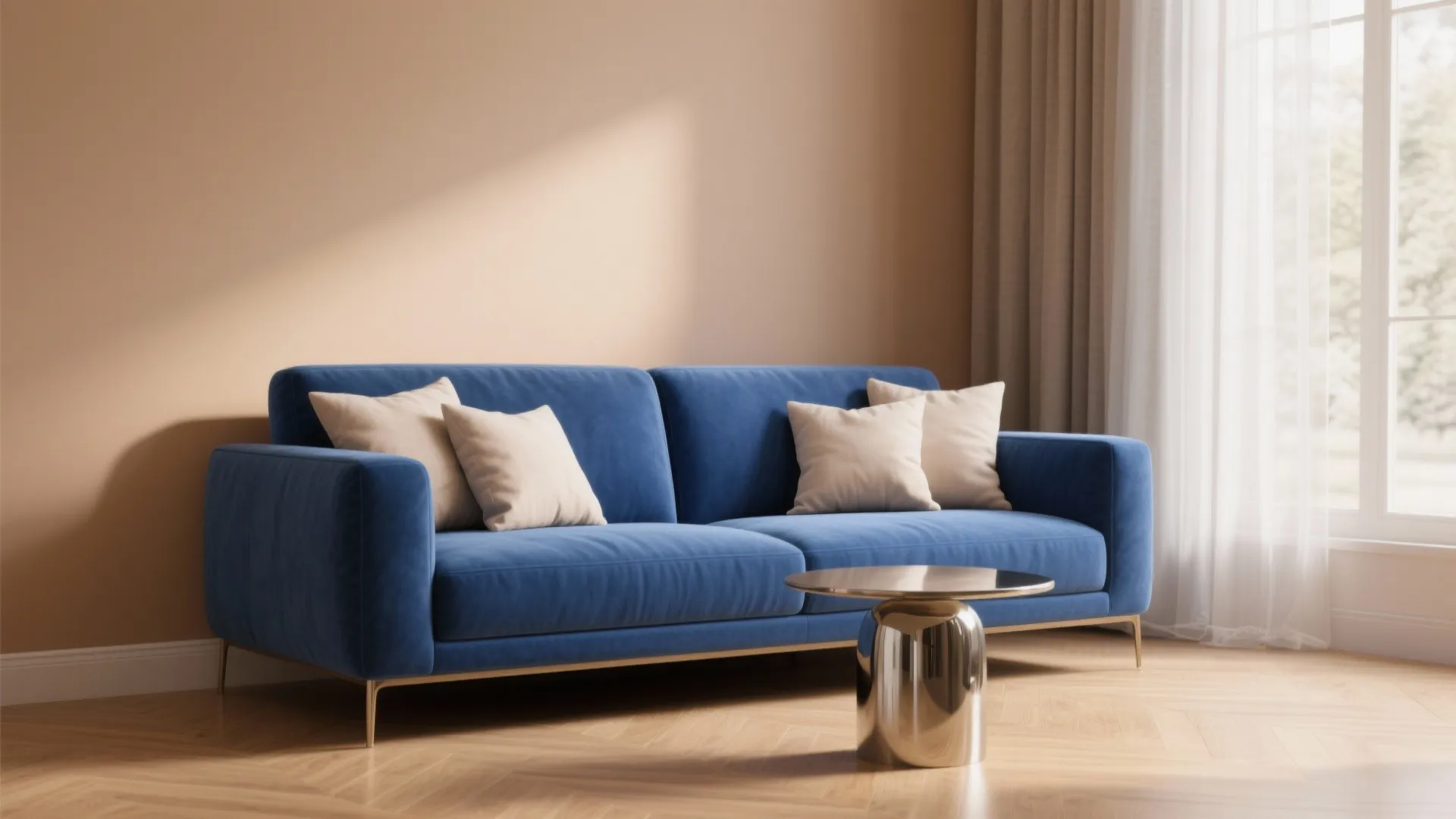 1. Anchor with a Royal Blue Sofa and Neutral Backdrop