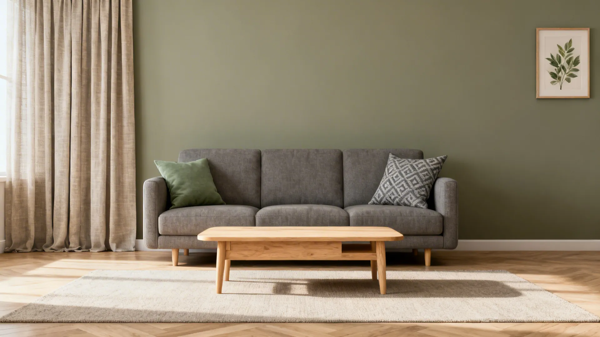 Mid-grey sofa against a muted sage accent wall with a light oak coffee table and botanical print