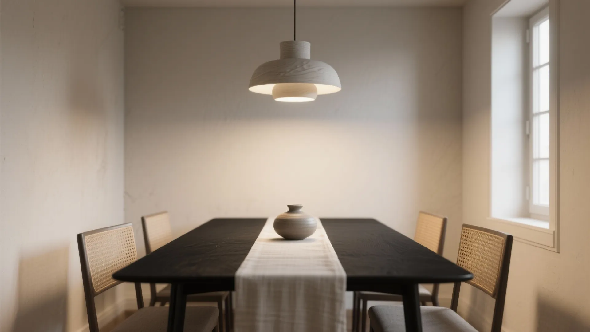 Minimalist dining room with black table, wooden ceiling light, white runner, chairs and soft lighting