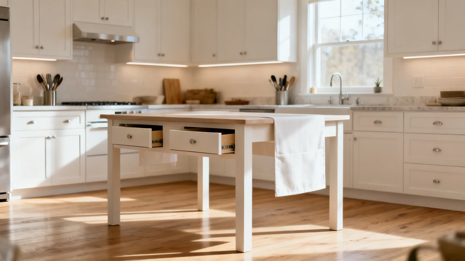 Small condo kitchen with a central minimalist table with hidden drawers and clean lines.