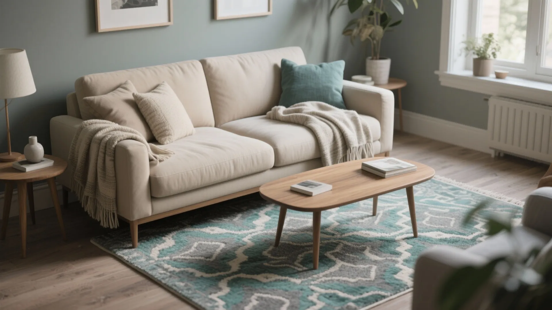 1. Anchor a neutral sofa with a patterned teal-grey rug