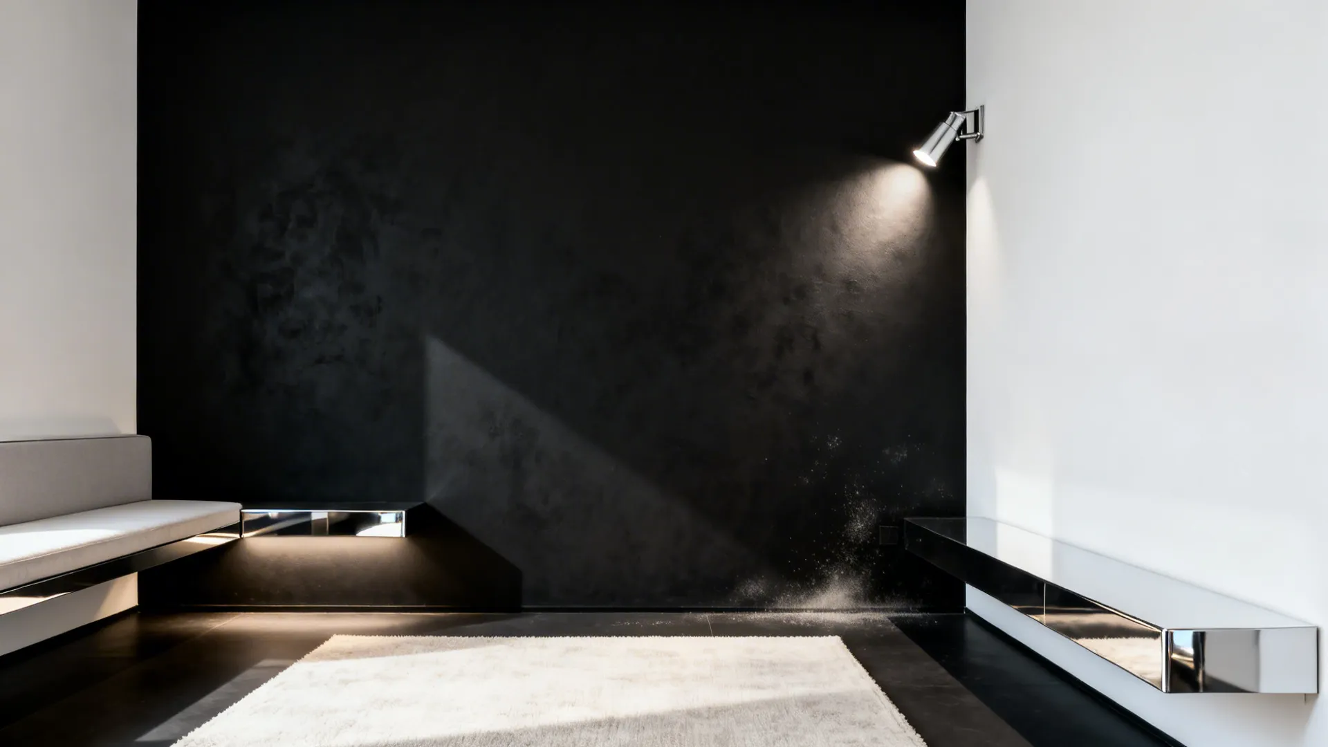 Living room corner with a matte black anchor wall, white walls, light rug and reflective accents.