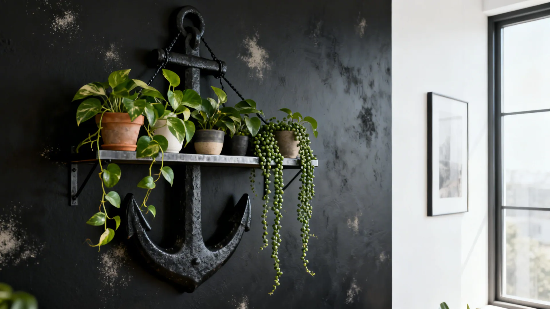 Matte black accent wall with hanging shelves of trailing pothos against white walls