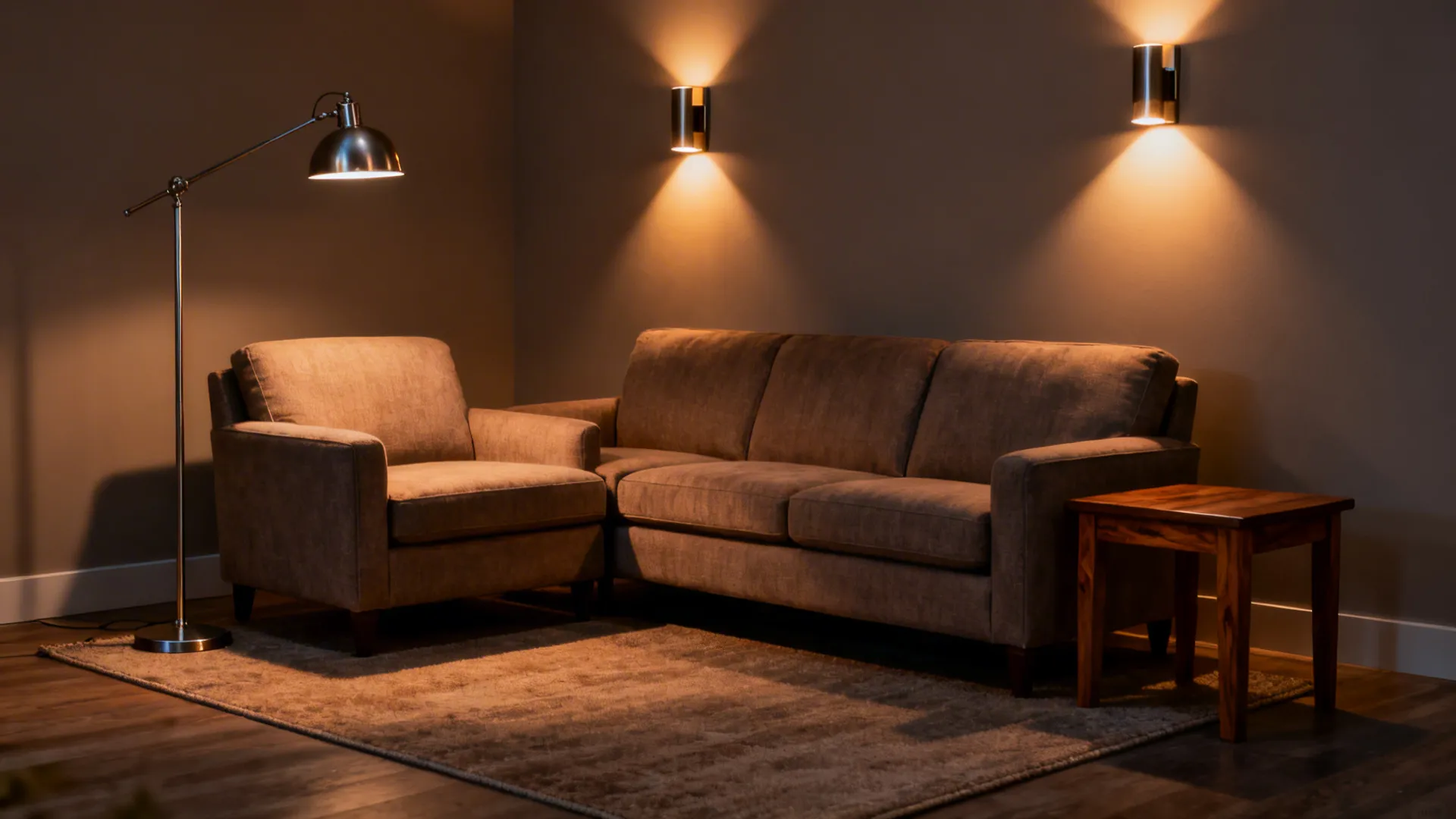 Bosworth two-piece arranged as a conversation area lit by a floor lamp and wall sconces.