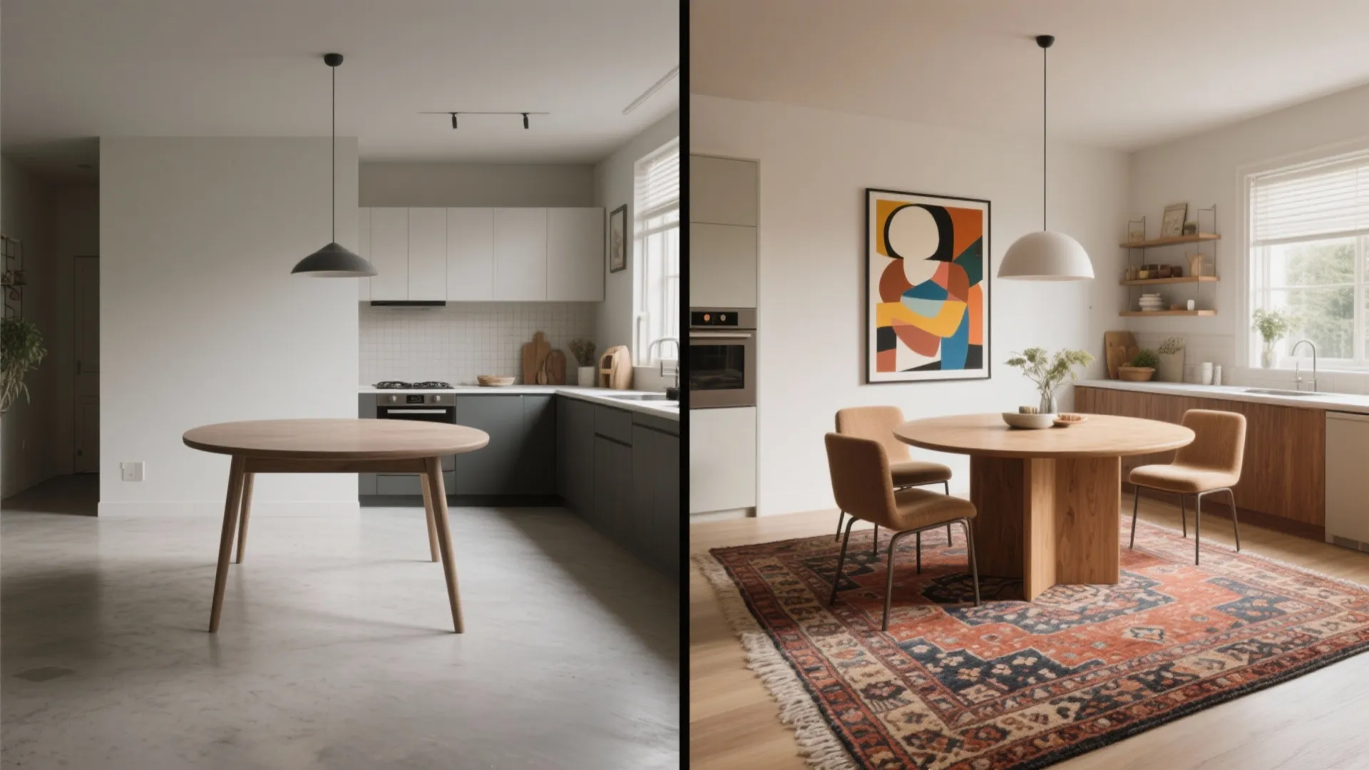 5. Define the dining zone with a rug and focal art