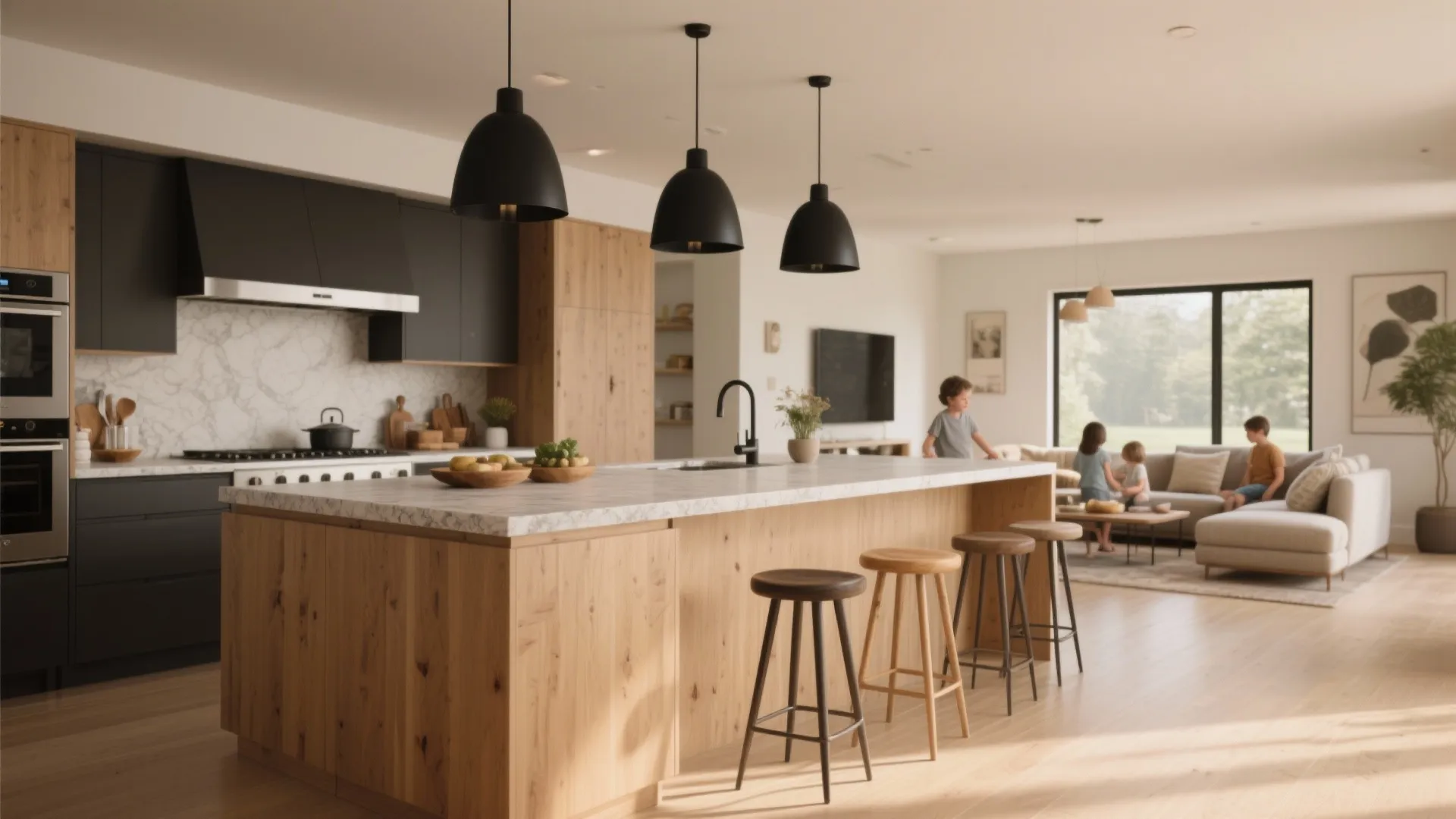 Modern open plan kitchen with wooden island black ceiling lights and living room with sofa