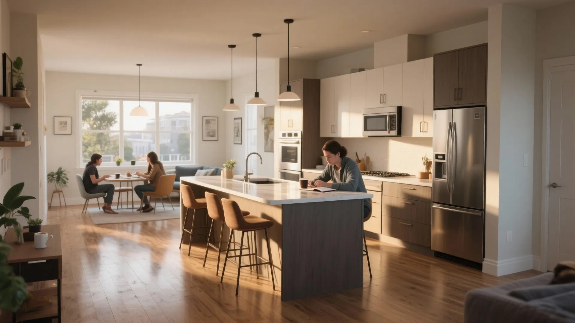Open-plan kitchen with a slim anchored island and concealed storage