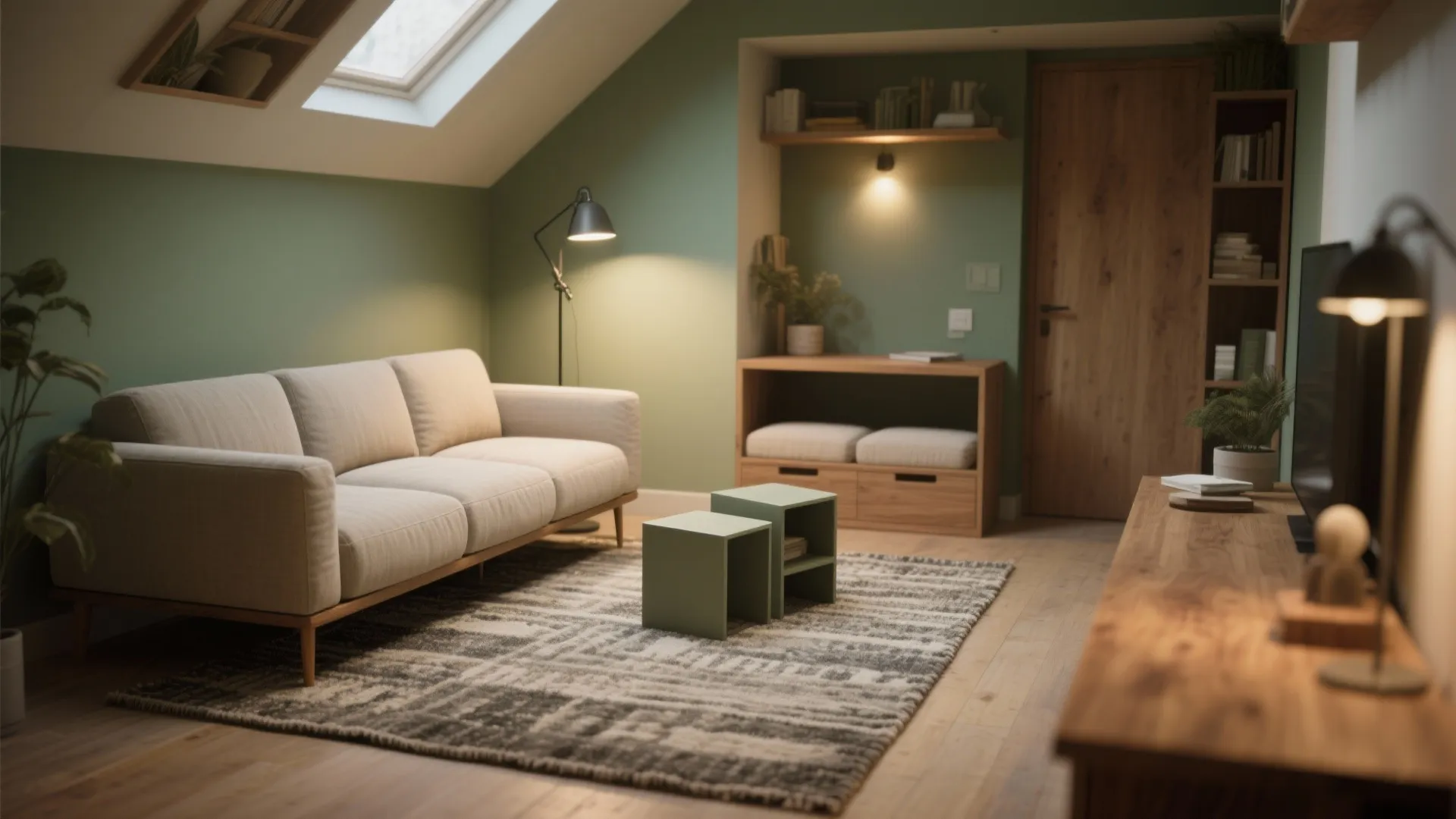 Cozy attic living room with green walls beige sofa wooden cabinet and a roof window