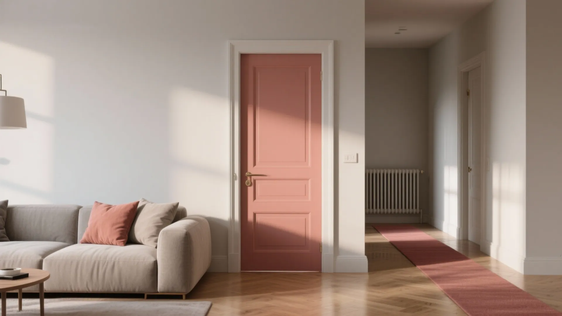 Living room with pink door beige sofa wooden floor and long red rug in hallway