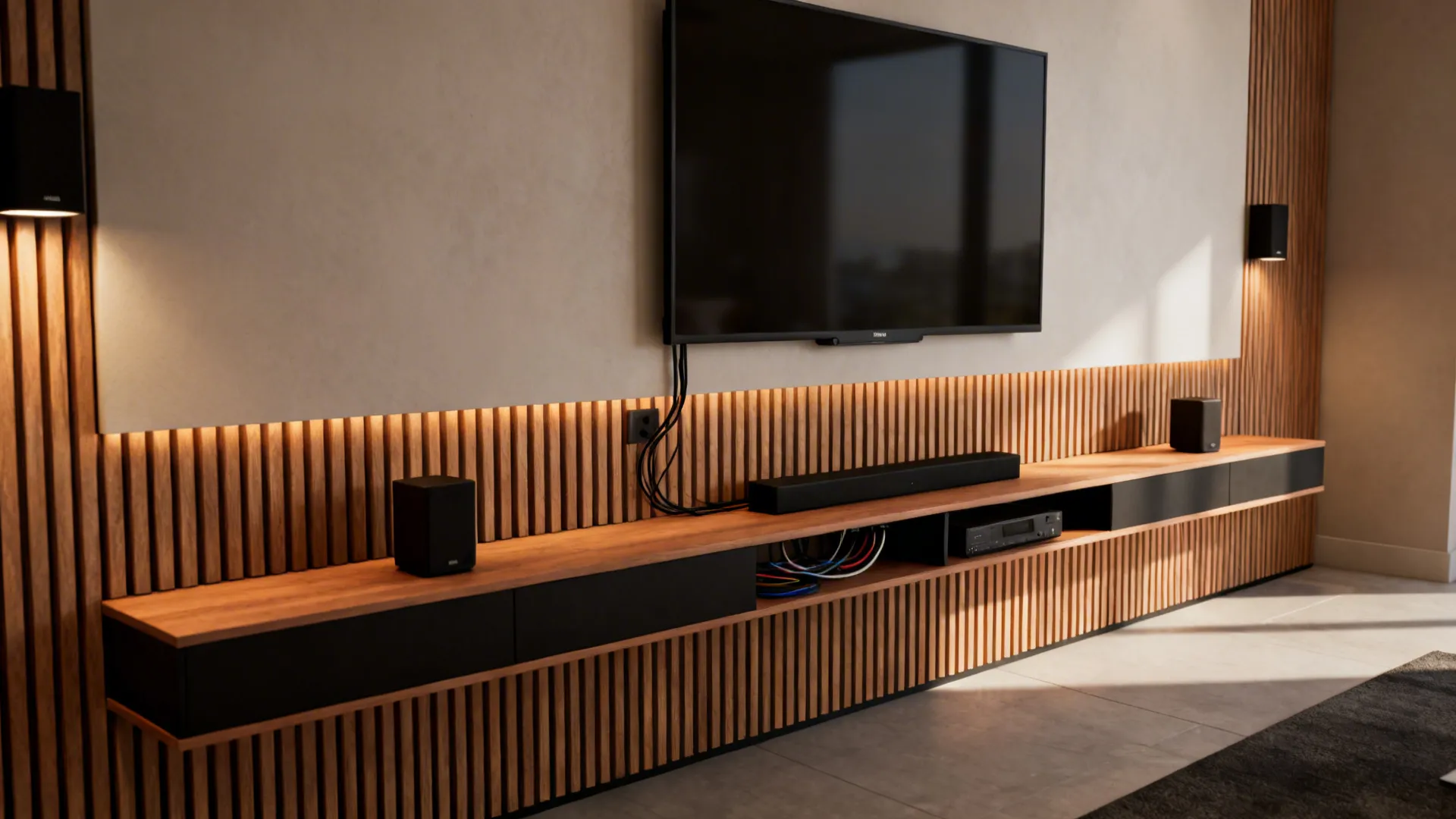 Modern living room TV wall with wood wall panels, long wooden cabinet, speakers, and lights