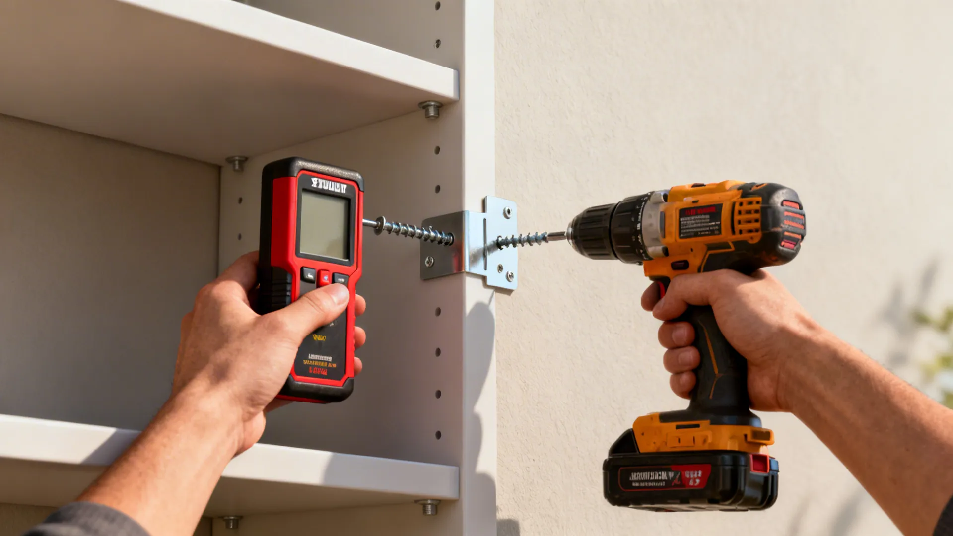 Person using a drill and stud finder to anchor tall shelving safely to a wall