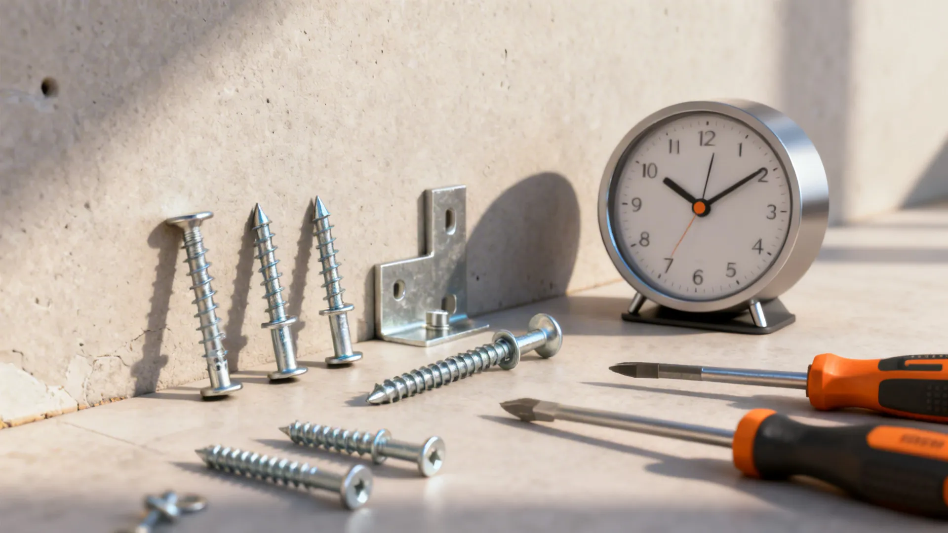 Wall anchors and tools shown with a small modern clock illustrating proper fixings for installation.