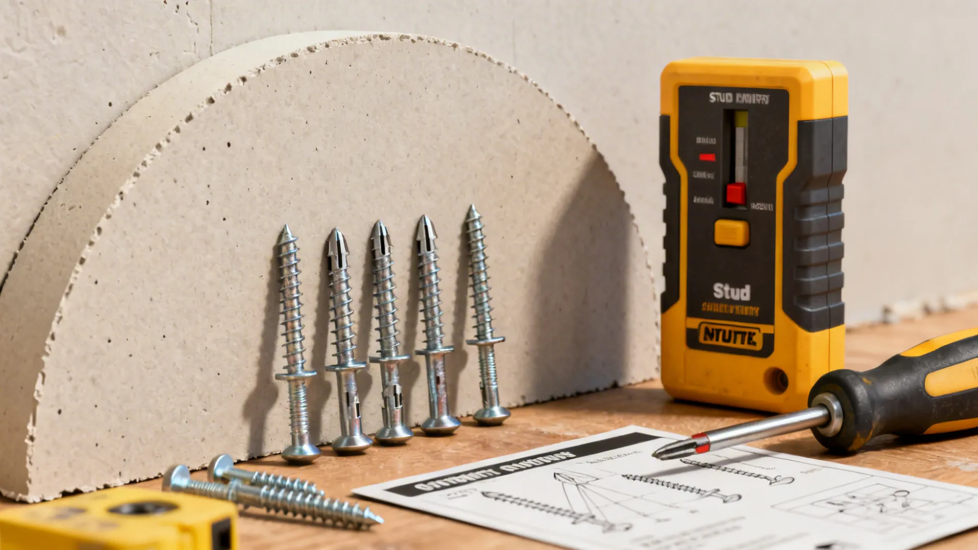 Yellow stud finder with metal screws and a screwdriver placed on a wooden table surface