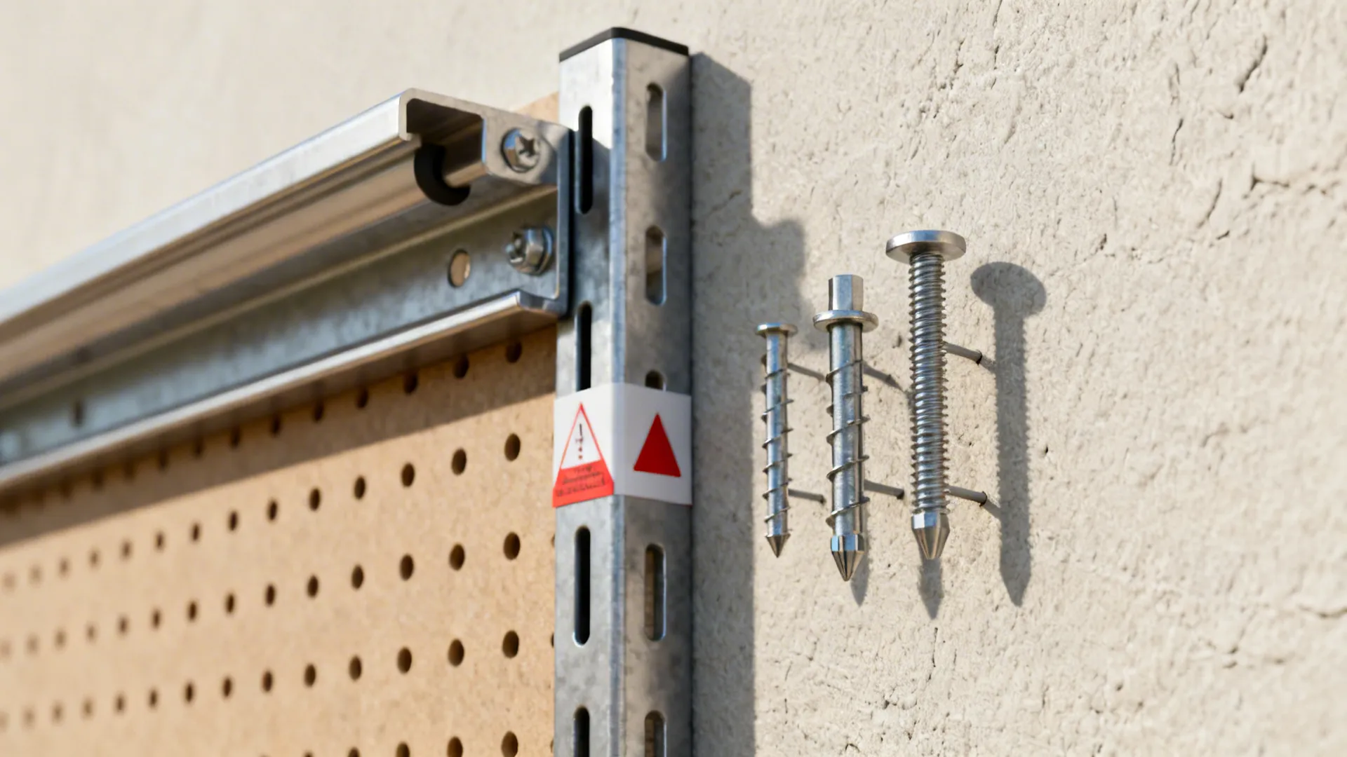 Close-up of toggle bolts, molly anchors and stud markers used for secure wall mounting.