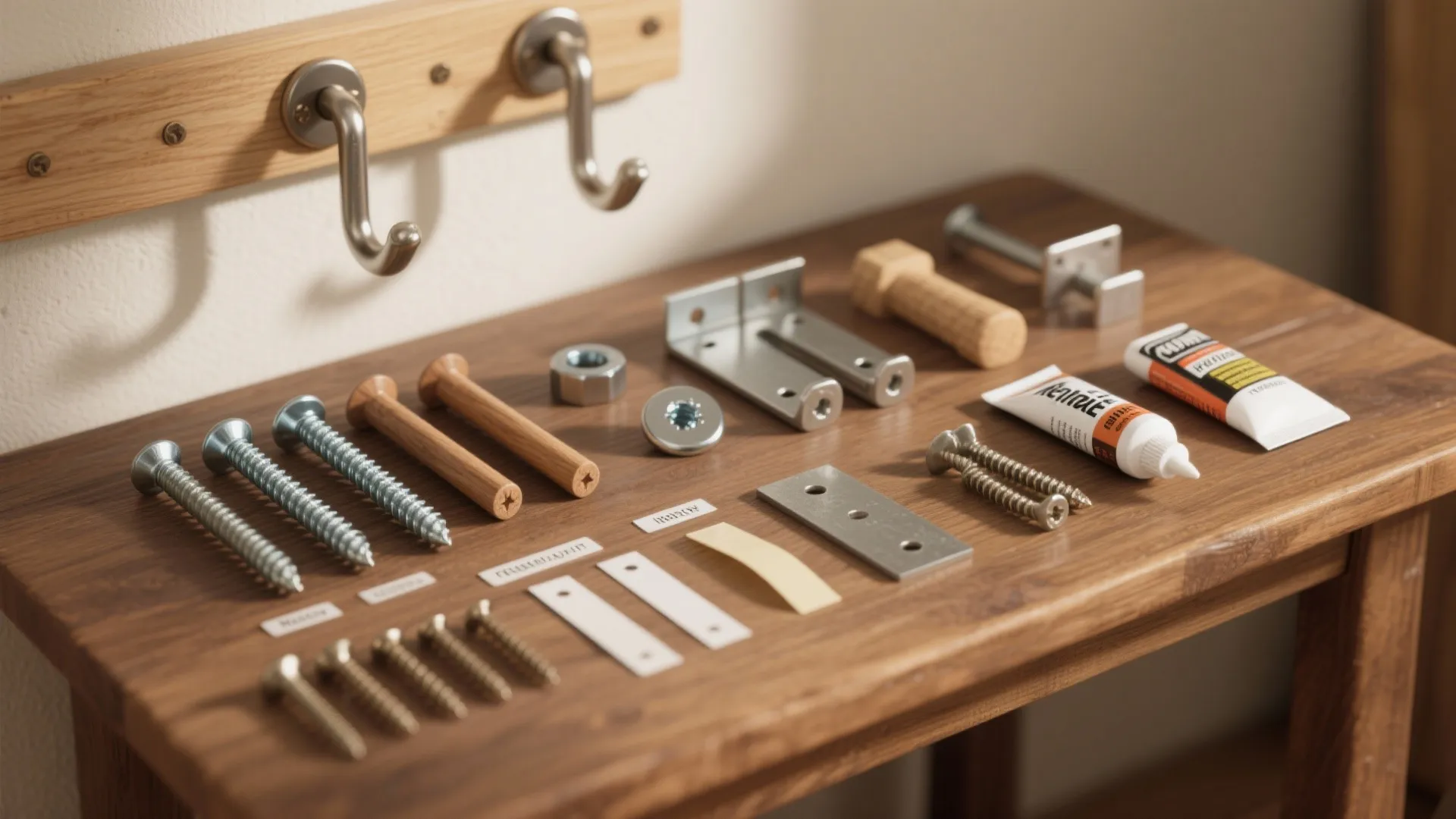 Various home repair items including screws metal hooks wooden dowels and glue tubes on wood table