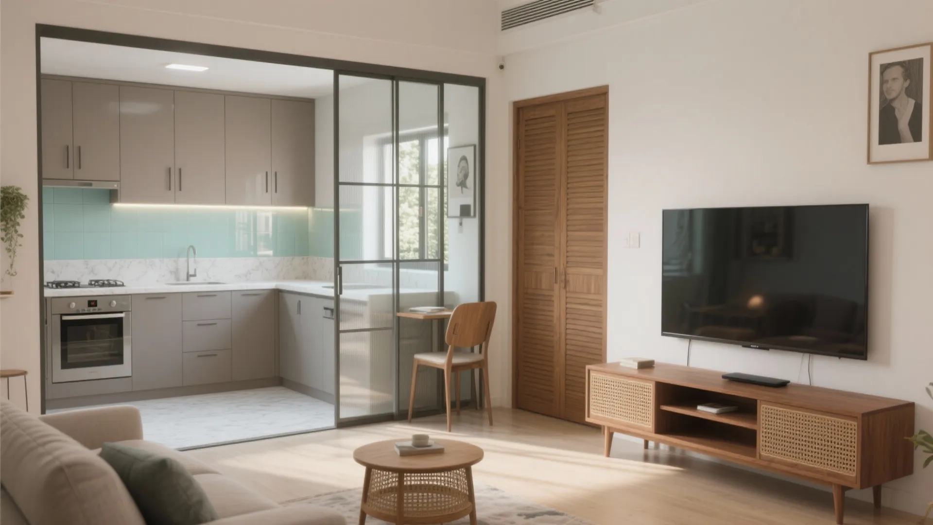 Interior design drawing with open plan kitchen glass partition wooden tv stand and sofa area
