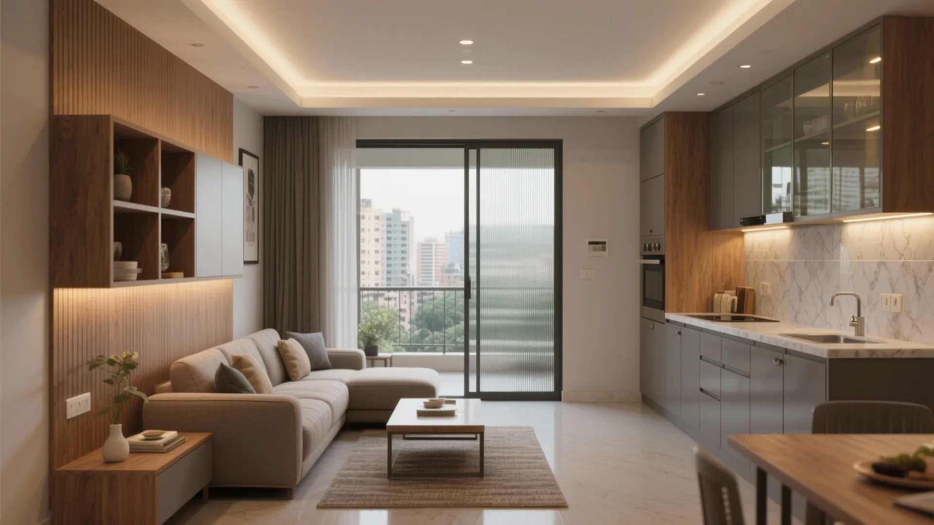 Open plan living area and kitchen featuring a beige sofa wall panels and grey modern cabinets