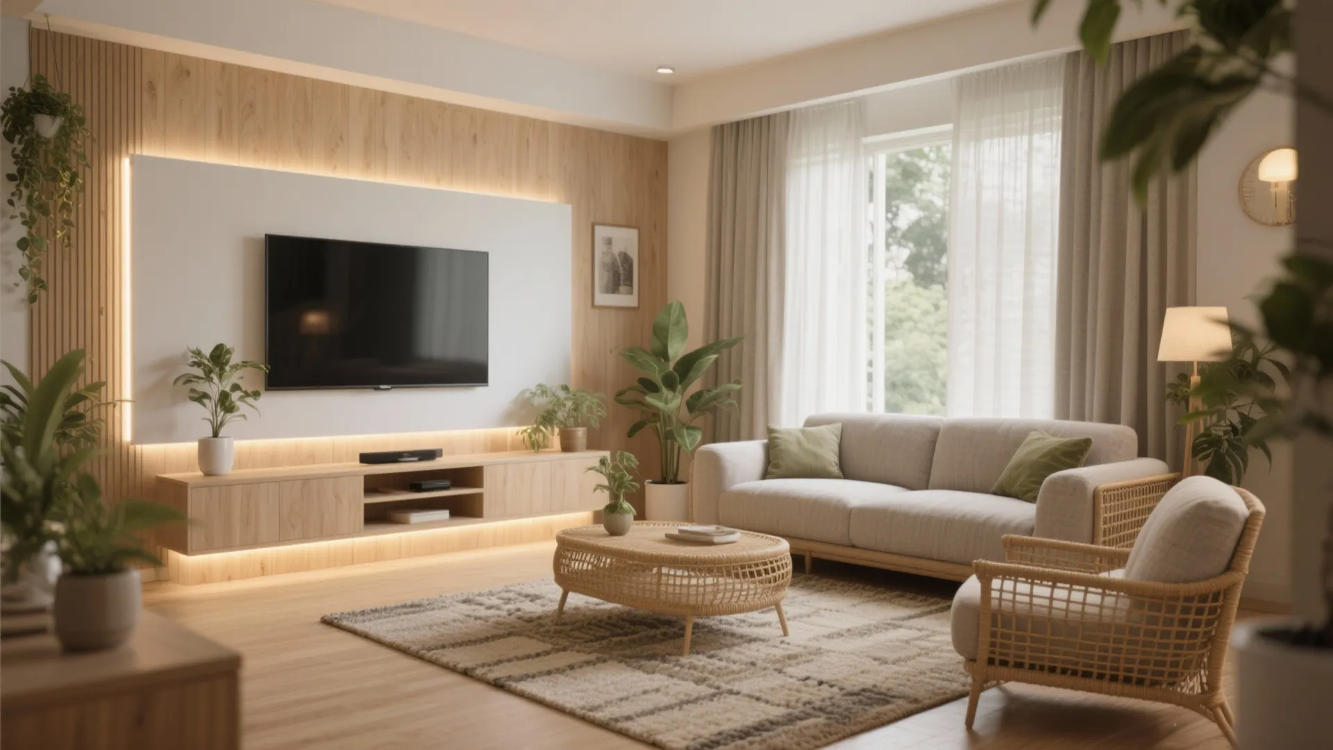 Warm wood and textile layers—cozy without clutter