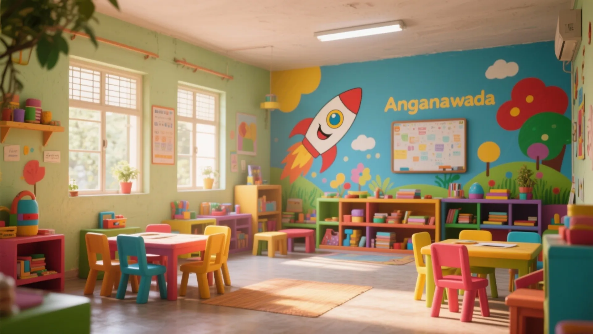 Colorful kindergarten room with rocket wall mural small plastic chairs low tables and many toy shelves