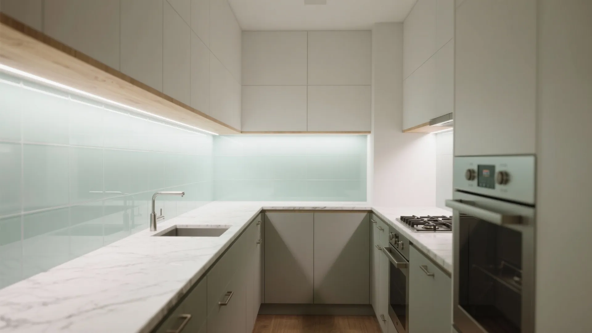 Minimalist small kitchen layout with light green wall tiles marble countertops white cabinets and built-in oven