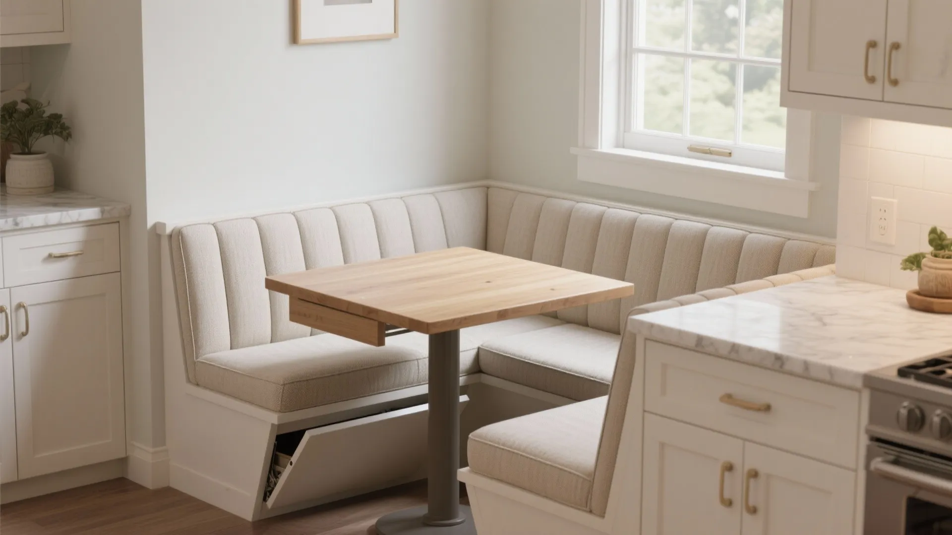 Small dining corner with wooden table fabric bench seating hidden storage and white kitchen cabinets setup
