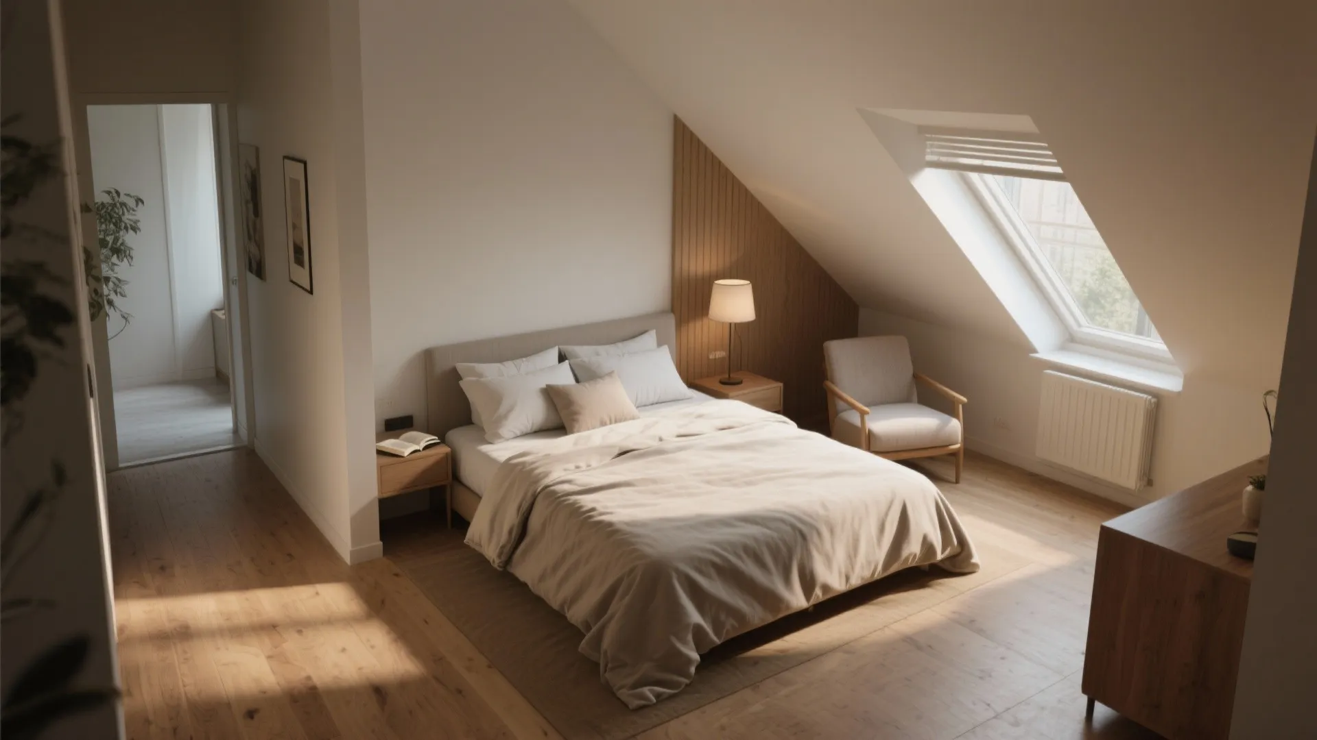Small bedroom with a king bed placed at a slight angle creating an intentional walkway and cozy reading nook.