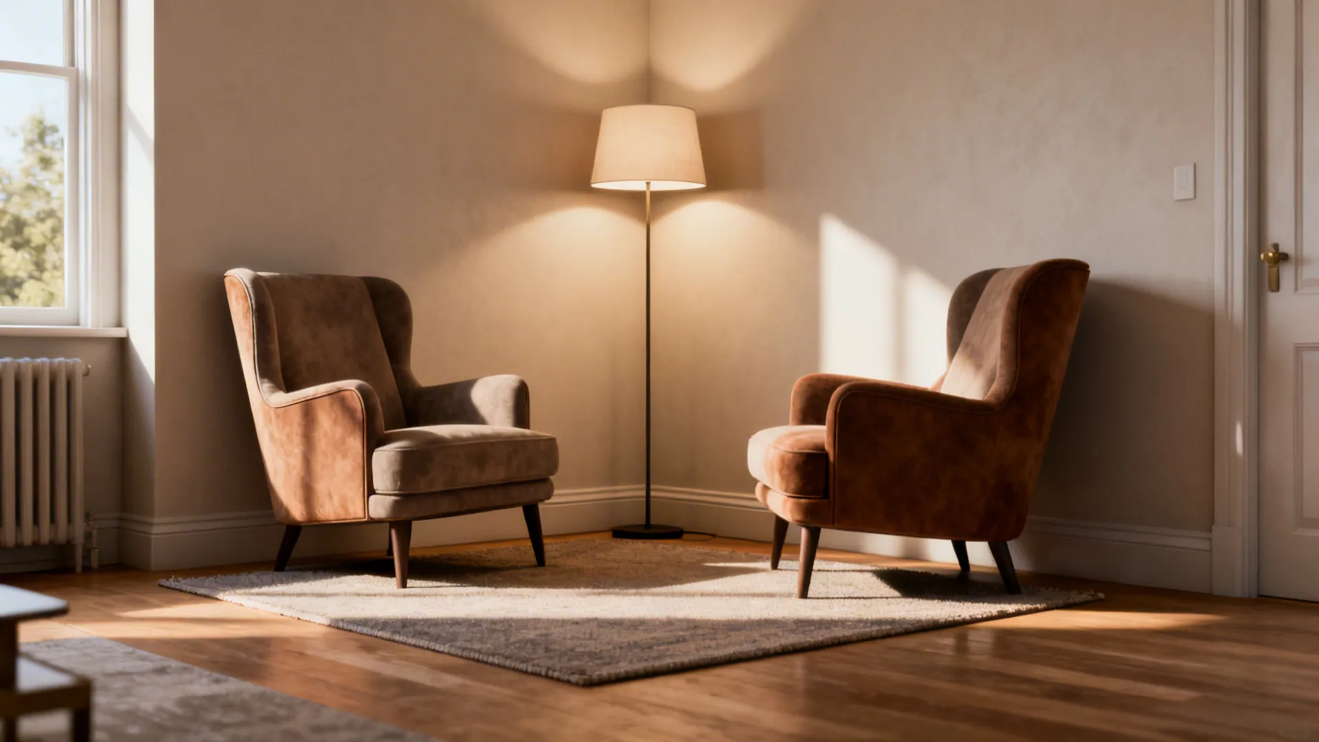 Angled accent chairs creating a cozy conversational nook in a small living room corner with a lamp and rug.