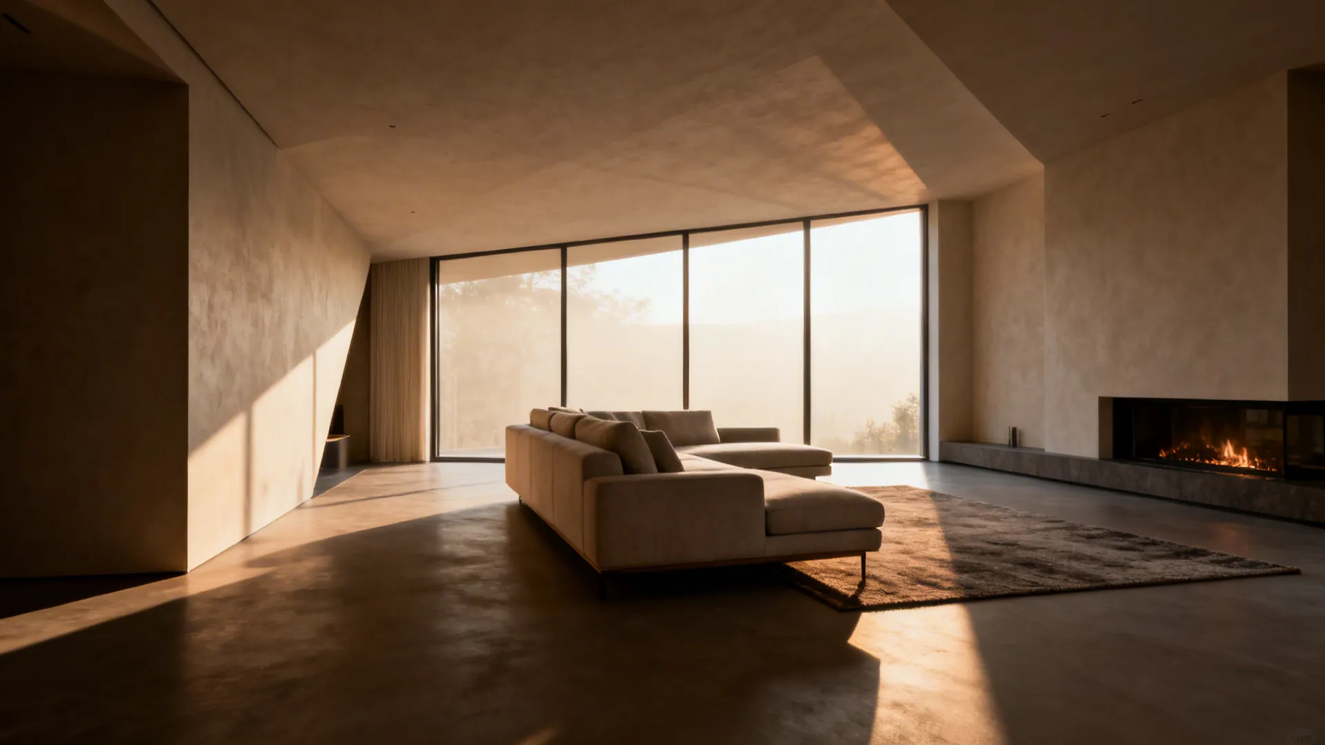 Angled L-shaped sofa oriented toward a fireplace and window, creating dynamic sightlines in a compact room.