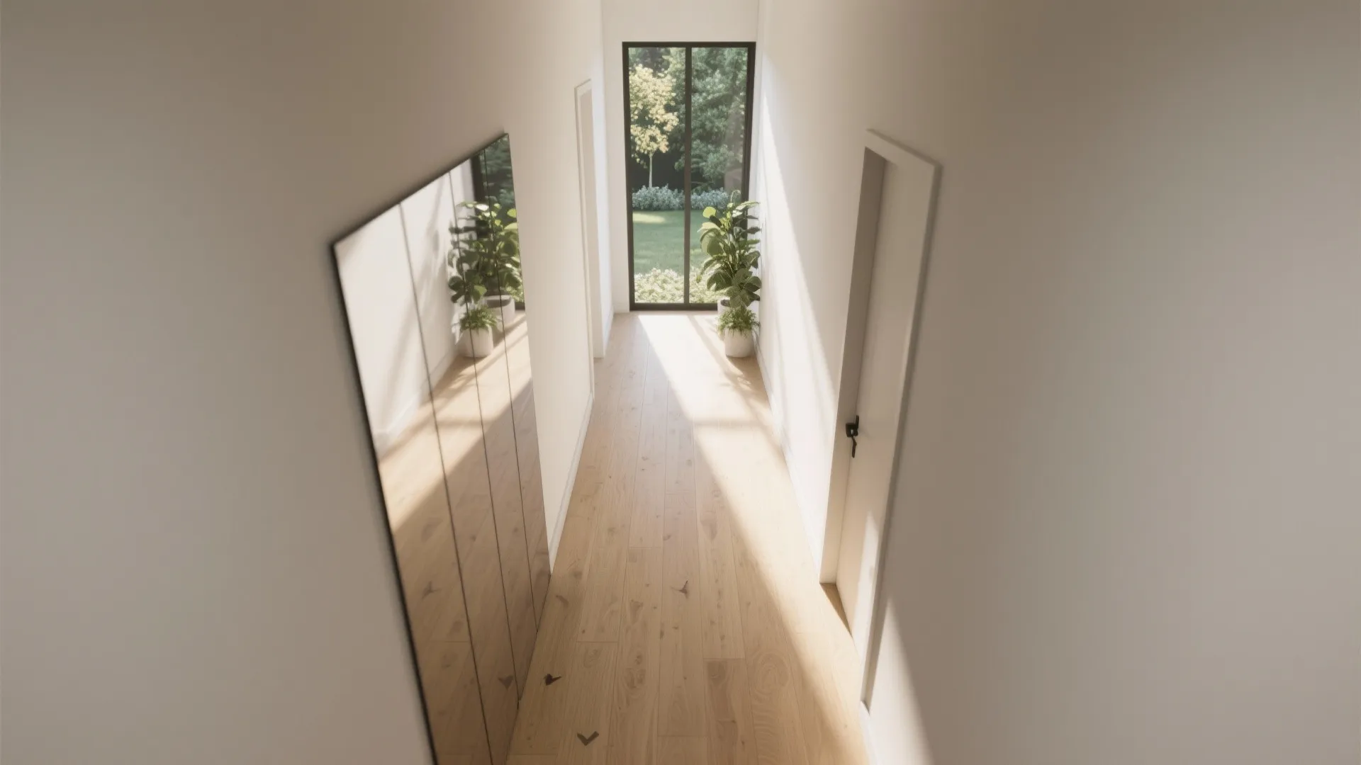 Bright narrow hallway with wooden floor large wall mirror green plants and glass patio door