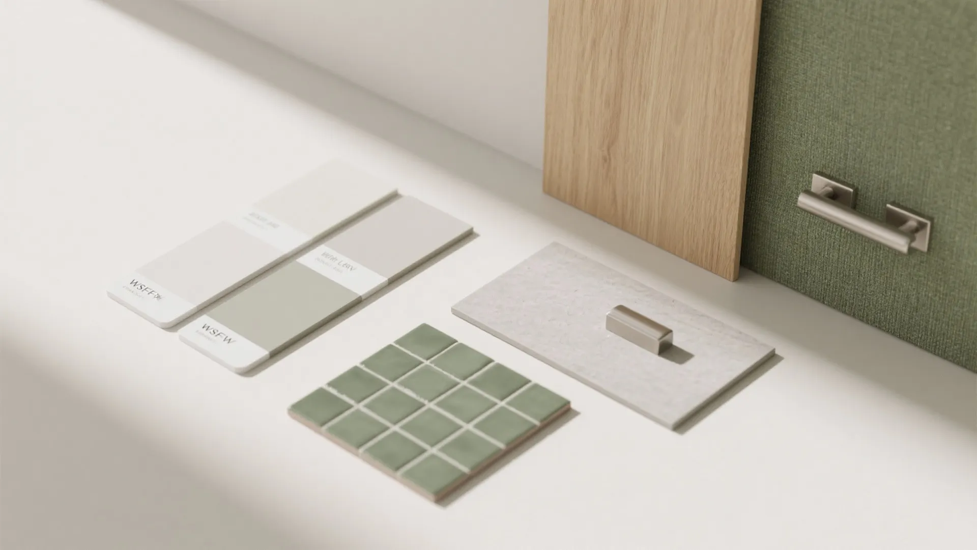 Material flatlay with off-white and pale gray paints, light oak, sage fabric, brushed nickel hardware, and large-format tile.